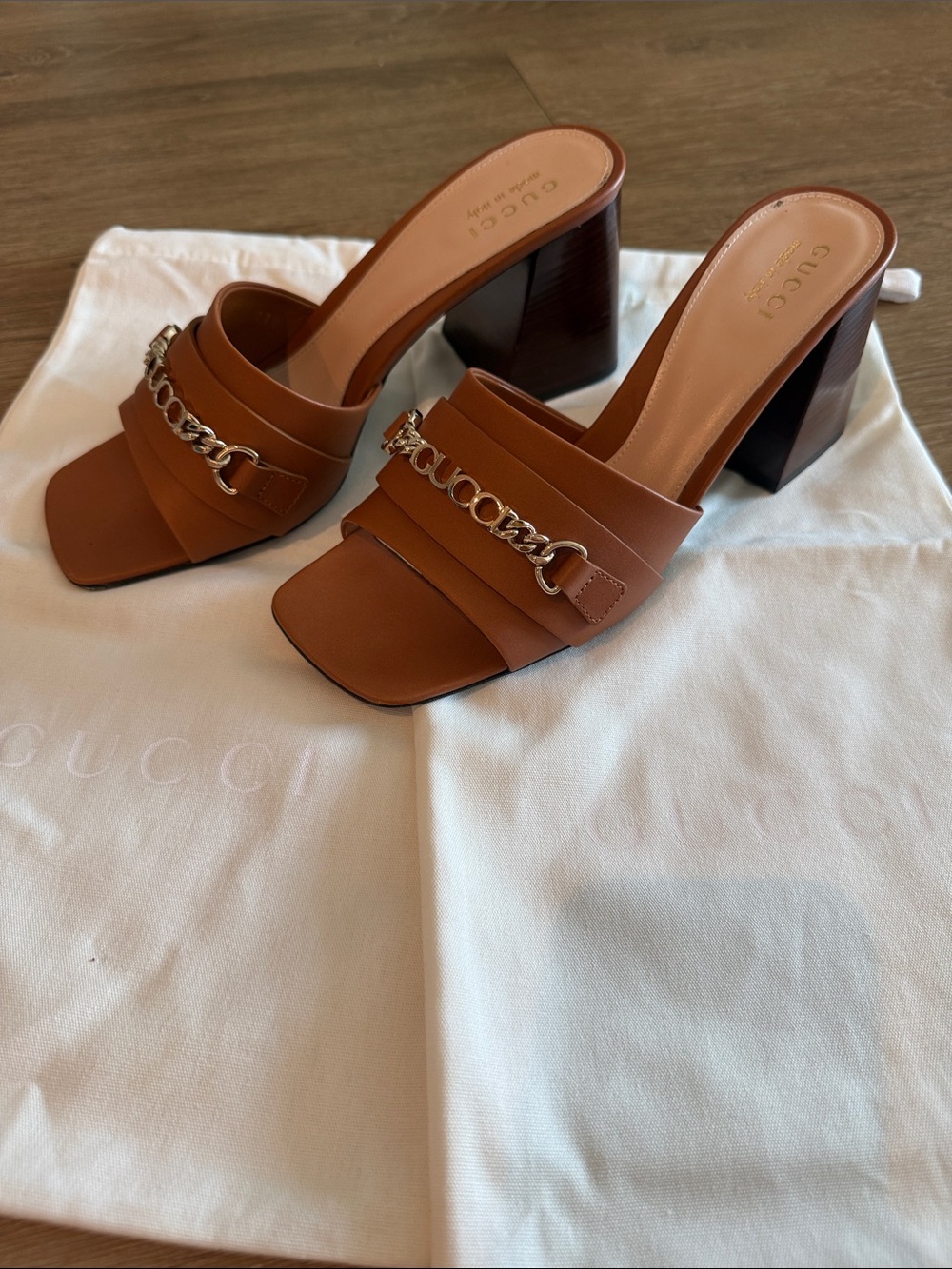 Gucci Tan Leather Chain-Trim Block Heel Mules